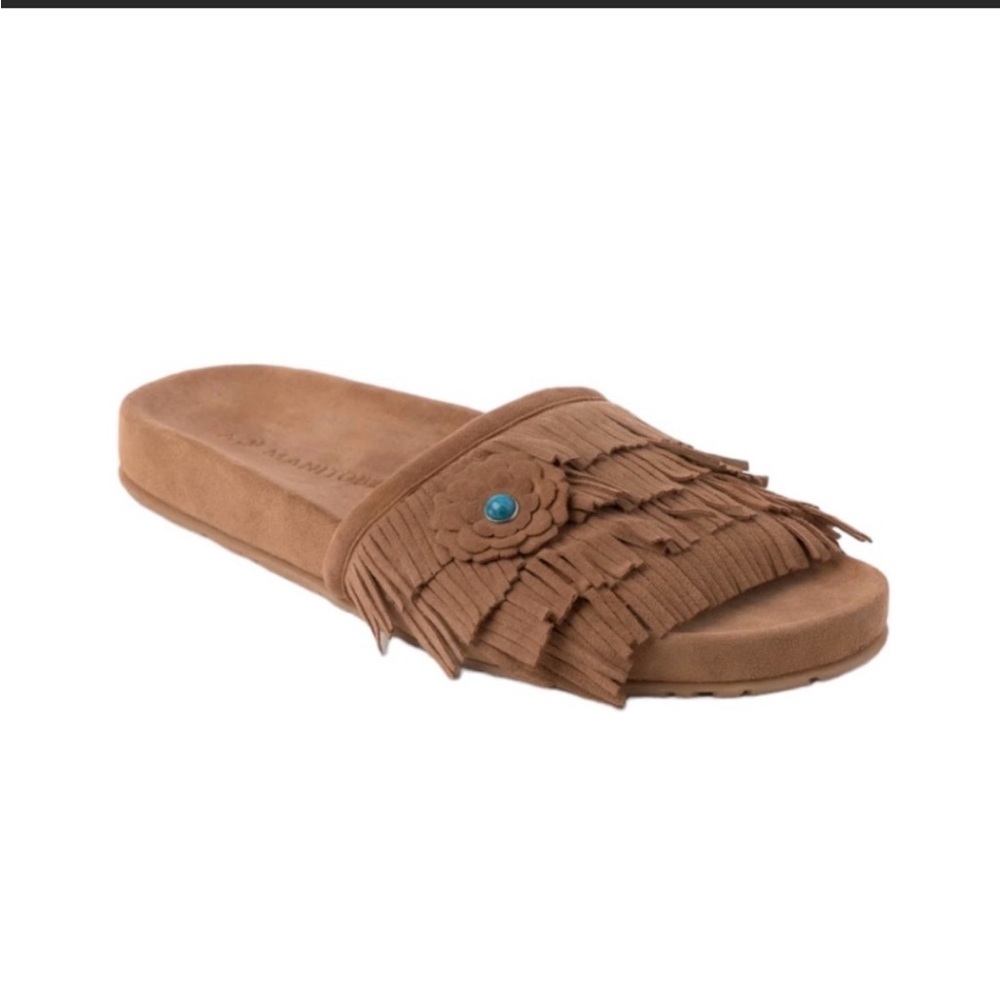 Manitobah Wasaga Leather Fringe Sandal Size 8 Color Oak NIB